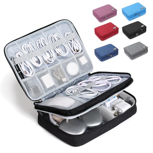 Large Electronic Organizer Travel Case, Double Layer Tech Accessories Bag with 3 DIY Adjustable Dividers, Waterproof Padded Cable Storage Pouch for Camera Gear, Power Bank, Hard Drive, Mouse - color: black