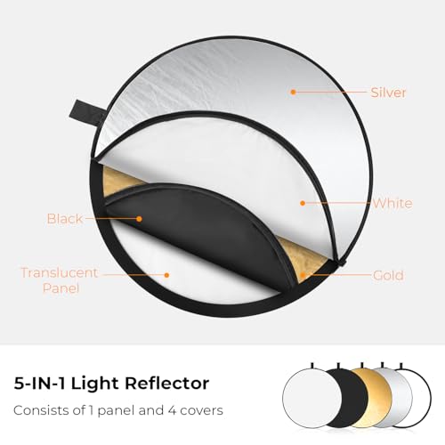 K&F CONCEPT 5-in-1 Light Reflector 22" (56cm) Photography Diffuser Collapsible Portable for Studio and Outdoor Lighting Gold Silver White Black Translucent - size: 22'' (56cm)