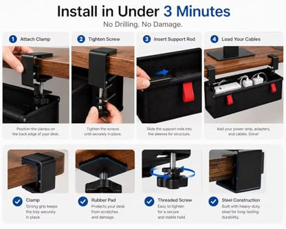 Under Desk Cable Management Tray, 90CM Extra Large, No-Drill Clamp Mount Cable Organizer, Hide Power Strips, Adapters & Wires, Easy Access Fabric Cable Basket for Standing Desks & Home Offices