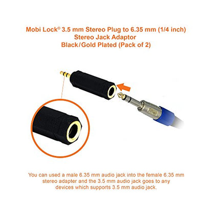 Mobi Lock 2pcs 3.5mm Plug to 6.35mm Socket - 1/8 to 1/4 in Stereo Audio Jack Adapter - Connects Devices with 3.5mm Port to Amplifiers, Guitar, Piano, Speakers & Mic that use 6.35mm Port