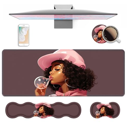 4 in 1 Ergonomic Keyboard Wrist Rest & Mouse Pad Wrist Rest Set, Large XXL Gaming Desk Mat 31.5"x 11.8" with Non-Slip Base, Memory Foam for Home Office Study Gaming, African American Black Girl - color: African American Black Girl