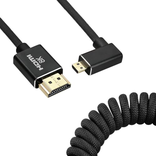 Uonecn Micro HDMI to HDMI Cable Coiled for Atomos Ninja-V, HDMI to Micro HDMI Spring Cord for Canon R5C R5 R6, Support 3D HDR 1080P HD eARC, Left Angle Black 12-18" - color: Black Braided, size: 12-18"(L-A)