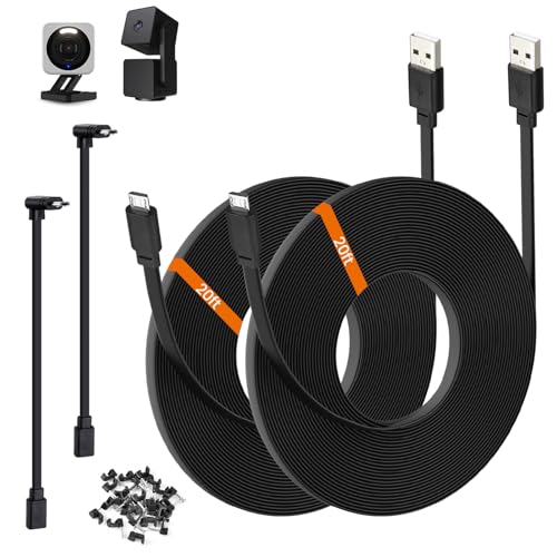 2-Pack 20ft Power Extension Cable Compatible with Wyze Cam v4,Wyze Cam Pan v3,Wyze OG,Wyze Cam v3 and v3 Pro Security Cameras - 6m Long Flat USB to Micro USB Charging Cord with L-Shaped Adapter, Black - color: Black, size: 20 Feet