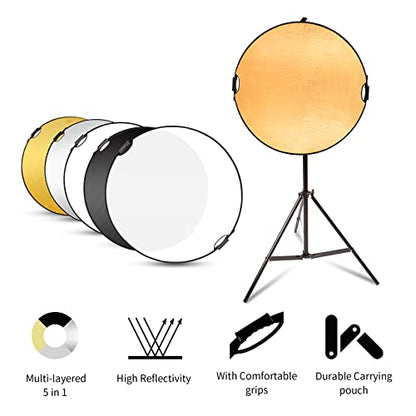 Selens 24inch Photography Reflector Stand Kit, 5-in-1 Collapsible Reflector Disc, 6.5ft Light Stand and Clamp Holder for Photo Video Studio and Outdoor Lighting - size: 24in Reflector Stand Kit