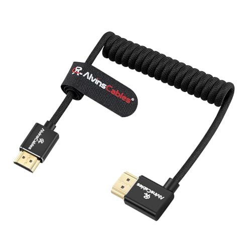 Alvin's Cables 8K 2.1 HDMI High Speed Braided Coiled Cable Straight to Right Angle for Atomos Ninja V, Portkeys BM5, for Feelworld Monitor, for Canon C300, Z CAM E2, Sony FS5| FS7| A7S3 Cameras - color: Black, size: Straight to Right Angle