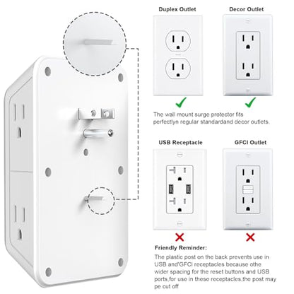2 Pack Outlet Extender Surge Protector, 6 Outlet Splitter with 4 USB Outlet (2 USB A,2 USB C), 3Sided Power Strip with Adapter Spaced Outlets for Home, Office, Travel(White)-ETL - color: White 2PCS