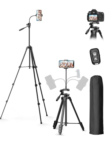 EMART 61’’ Phone Tripod Stand with Flexible Gooseneck, Portable Tripod for iPhone and Camera, Overhead Cellphone Holder with Remote for iPad Tablet Cooking Video Youtuber Vlogging Recording - size: 61in