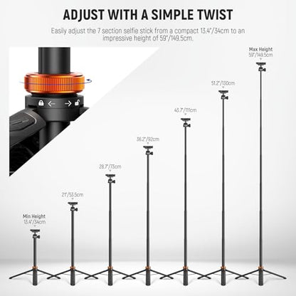 NEEWER Basics 59" Selfie Stick Tripod Compatible with iPhone DLSR Canon Sony Camera, Small Metal Portable Travel Desk Stand for Video Recording Filming, TS04