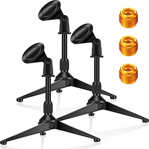 3 Pack Desktop Mic Stand Portable Foldable Tripod with Mic Clip Holder Adjustable Height Tabletop Microphone Stand 5/8 Inch Male to 3/8 Inch for Dynamic Recording Podcast