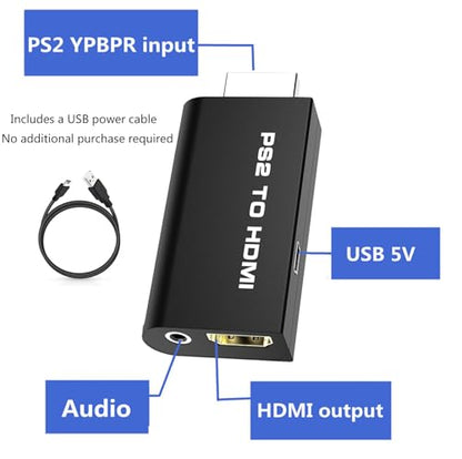 NEW PS2 to HDMI Converter Adapter, Video Converter with 3.5mm Audio Output for HDTV HDMI Monitor, with USB Power Cable, Only Compatible with PS2 console models (10000/ 30000/ 50000/ 70000 series)
