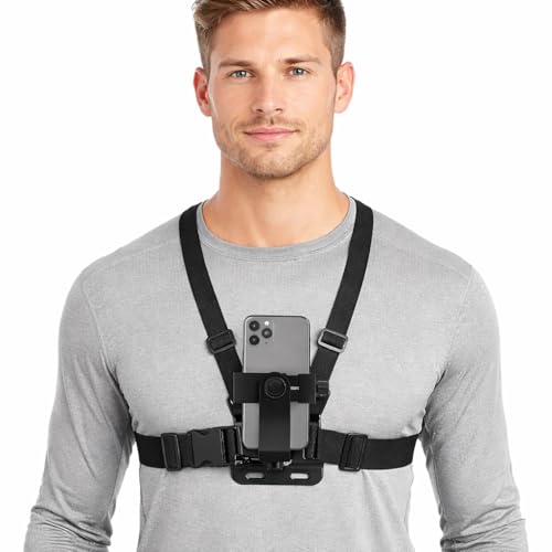 Chest Mount Phone Holder, Adjustable Smartphone Harness with Phone Clamp and Quick Release Adapter for POV Recording - color: Black