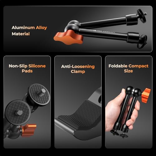 K&F CONCEPT 9.8" Magic Arm Clamp with Phone Holder, 360° Ball Heads Camera Arm Mount for Phone/LED Lights/Monitor/Flash/Microphone/DSLR Camera - style: 9.8" with phone holder