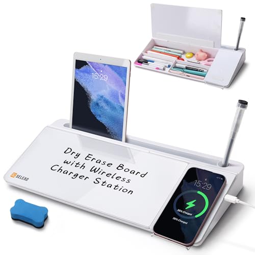 SELEAD Desktop Glass Whiteboard with Wireless Charger Station, Dry Erase Board Computer Pad Keyboard Stand with Organizer Drawer for Home, School, Office Desk Accessories, White - color: White Charger
