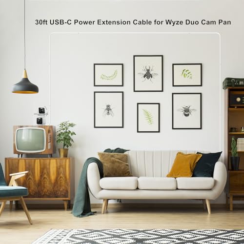 30ft USB C Power Extension Cable Compatible with WYZE Duo Cam Pan 2025-9m Long Flat Charging Cord for CCTV & Petcube Cam Indoor/Cam 3/S330 Security Camera, White