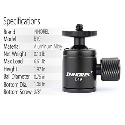 Mini Tripod Ball Head-INNOREL B19 Mount Head-Metal Ballhead 360° Pan 90° Tilt Tripods Mount with 3/8" to 1/4" Adapter CNC Ballheads,Max Load 6.61 lb for Phone/DLSR Camera/Mini Holder (1 Piece)