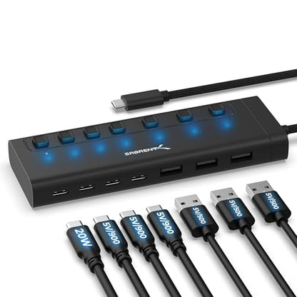 SABRENT 7-Port USB-C Hub with Power Switches, 5Gbps USB 3.2, 48W Powered Hub with 3 USB-A + 4 USB-C Ports, 20W PD, LED Status, Aluminum Body – for Mac, PC, Steam Deck, ROG Ally (HB-3A4C) - size: 7-Port - 3 USB-A + 4 USB-C
