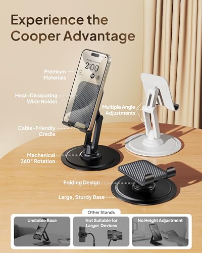 COOPER 360° Stand, Rotating Cell Phone Stand for Desk | Sturdy Metal Base, Foldable, Portable | Cell Phone Holder for Desk (Piano Black) - color: A - Piano Black