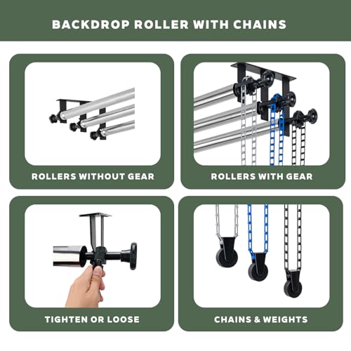 Photography Backdrop Roller Support System with 3 Rollers, 120-Inch Stainless Steel Crossbars, Wall/Ceiling/Stand Mount, Grey Blue Black Chains - color: Grey/Blue/Black Plastic Chain+120inch Crossbars