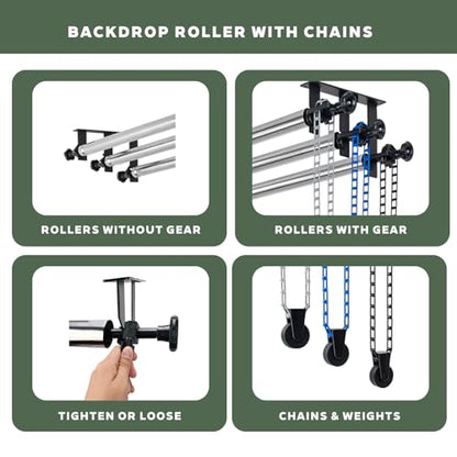 Photography Backdrop Roller Support System with 3 Rollers, 120-Inch Stainless Steel Crossbars, Wall/Ceiling/Stand Mount, Grey Blue Black Chains - color: Grey/Blue/Black Plastic Chain+120inch Crossbars