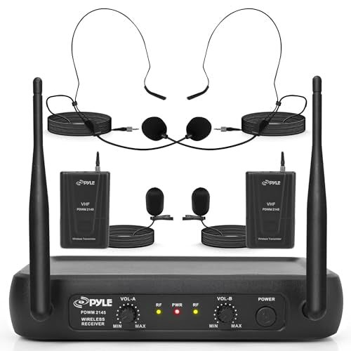 Pyle Dual Channel Wireless Microphone System - VHF Fixed Dual Frequency Wireless Mic Receiver Set with 2 Lavalier, 2 Headset Mics, 2 Transmitter, Receiver - For PA, Karaoke, Dj Party - Pyle PDWM2145