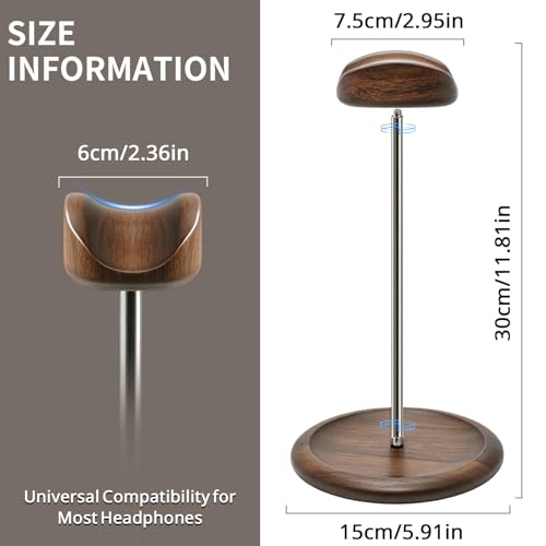 Headset Stand for Desk, Walnut Wood ＆ Stainless Steel Universal Wooden Headphone Holder with Storage Base, Gaming Equipment Accessories, Desk Organizer, Gifts for Gamers Men Boyfriend