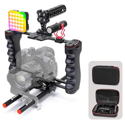 Zeadio All-in-One Video Rig Kit, Aluminum Handheld Camera Cage with RGB Video Light, Microphone, Top Handle,15mm Rod Guide, Extension Rods & Carrying Case for Filmmaking Vlogging Recording etc - style: Pro Kit