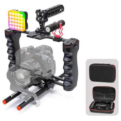 Zeadio All-in-One Video Rig Kit, Aluminum Handheld Camera Cage with RGB Video Light, Microphone, Top Handle,15mm Rod Guide, Extension Rods & Carrying Case for Filmmaking Vlogging Recording etc - style: Pro Kit