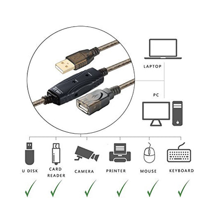 USB 2.0 A Male to A Female Extension Cable USB Active Repeater Cord with Built-in Signal Booster for Printer, Keyboard, Game Console, Loudspeaker, Oculus Rift, scanners(50 Feet with Led Light) - size: 50 Feet with Led Light