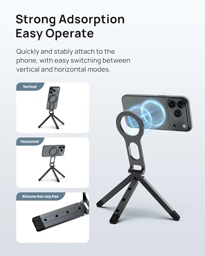 SODI Magnetic Phone Tripod Stand for iPhone - Strong Magnet Foldable Cell Phone Stand for Vlog, Gym, Travel Essentials, Mini Tripod Phone Stand Compatible with iPhone 17 16 15 14 13 12 Series - color: Gray