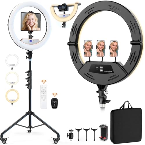 18" Foldable Ring Light with Stand for iPhone ipad Camera, 75" Tripod with Wheels 38W 6500K LED Display/Remote/2 USB Ports Large Big Ringlight Rolling for YouTube Facebook TikTok Live Video Recording - color: Black, size: 18Inch
