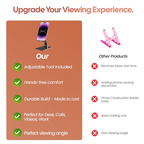 Phone Stand for Desk, Adjustable Aluminium Cell Phone Stand Holder, Foldable Phone Holder for iPhone & Android, Anti-Slip Phone Stand for Video Calls & Recording