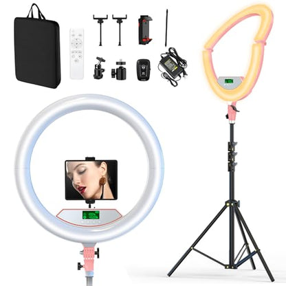 22" Large Ring Light with Stand,Foldable LED Big Ring Light Tripod for iPhone Phone Ipad, 75" Tall Tripod Touch Screen,Wireless Remote for Live Stream,YouTube,TikTok Video Shooting Pink - color: Pink