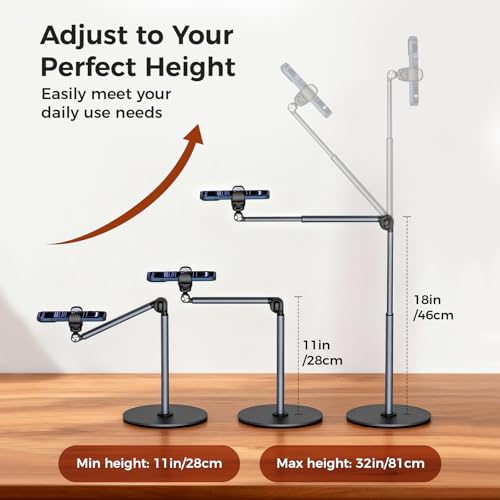 MoKo Overhead Tripod for iPhone, Heavy Duty Aluminum Overhead Phone Mount, Angle & Height Adjustable, Telescopic Arm, Overhead Phone Stand for Recording, Live Streaming, Cooking, Filming (Clip)