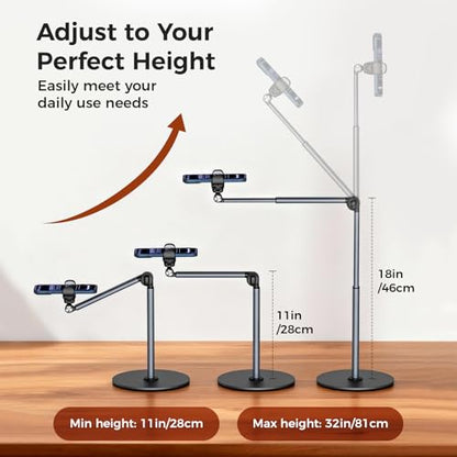 MoKo Overhead Tripod for iPhone, Heavy Duty Aluminum Overhead Phone Mount, Angle & Height Adjustable, Telescopic Arm, Overhead Phone Stand for Recording, Live Streaming, Cooking, Filming (Clip)