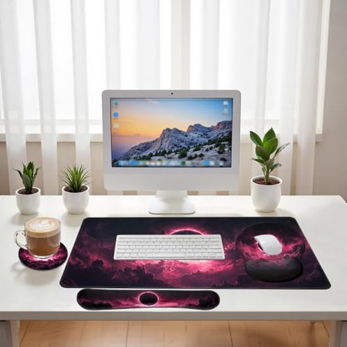 Dark Eclipse Desk Mat Set Cosmic Fantasy Sky Large Mouse Pad with Wrist Rest 4in1 Desk Mat for Desktop Ergonomic Keyboard Wrist Support Anti-Slip Computer Ergonomic Mouse Pad Home Office Gaming - color: Dark Eclipse