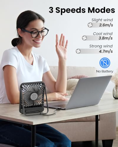 Koonie USB Desk Fan, Strong Wind Ultra Quiet Small Personal Fan with 180° Tilt Folding and 3 Speeds Adjustable, USB-C Corded Powered Mini USB Fan for Office Desktop Bedroom, NO BATTERY | 180° Tilt Folding & 3 Speeds Adjustable, USB-C Corded Powered Person