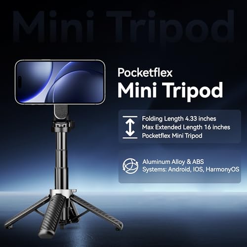 4-in-1 Multifunctional Magnetic Phone Tripod, Portable Selfie Stick for iPhone & Android with Detachable Remote and Metal Ring, Magnetic Tripod Extendable Length 4.33" - 16" - size: 16inch