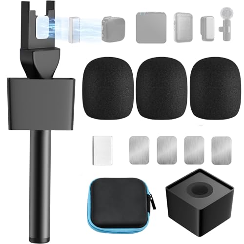Mic Handle for DJI 1/2/3/Mini 1/2, Microphone Holder for Rode Wireless GO/Hollyland Lark/Lavalier Mic, Universal Magnetic Microphone Stand with 3 Pop Filter for Vlogging/Interview/Podcast/Reports - size: 1 Pack