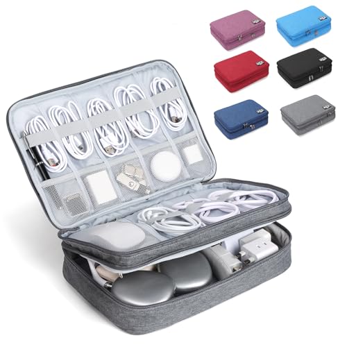Large Electronic Organizer Travel Case, Double Layer Tech Accessories Bag with 3 DIY Adjustable Dividers, Waterproof Padded Cable Storage Pouch for Camera Gear, Power Bank, Hard Drive, Mouse - color: gray