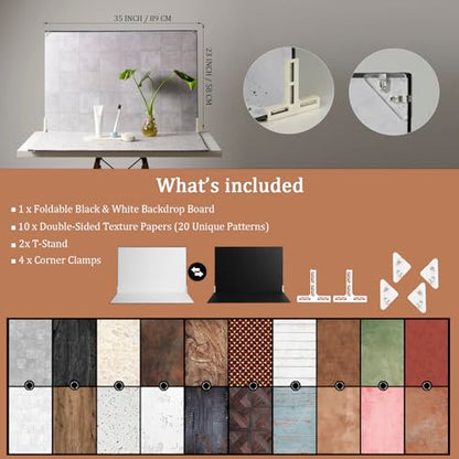 Product Photography Backdrops, 23x35 10Pcs 20 Patterns Double-Sided Photo Backdrop Boards, Flat Lay Background for Food, Jewelry, Cosmetics & Content Creation, MDAOCRY