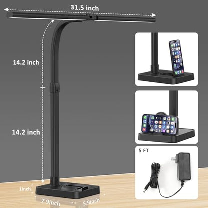 GAEFURY LED Desk Lamp for Home Office, 24W Bright Desk Lamp with Phone Holder Base - 25 Lighting Modes Eye-Caring Desk Light Adjustable Gooseneck Lamp for Workbench Drafting Reading Study - color: Black