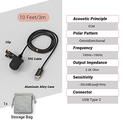 Cubilux USB C Microphone, Type C Lavalier Lapel Clip MIC Compatible with Samsung Galaxy S25/S24/S23, Ultra Tab S11/S10/S9/S8, iPhone 17/16/15 Pro Max, iPad Pro 13/12.9/11, Pixel 10/9/8/7 Pro, 10 Feet - size: 10 Feet