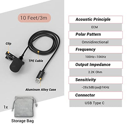 Cubilux USB C Microphone, Type C Lavalier Lapel Clip MIC Compatible with Samsung Galaxy S25/S24/S23, Ultra Tab S11/S10/S9/S8, iPhone 17/16/15 Pro Max, iPad Pro 13/12.9/11, Pixel 10/9/8/7 Pro, 10 Feet - size: 10 Feet