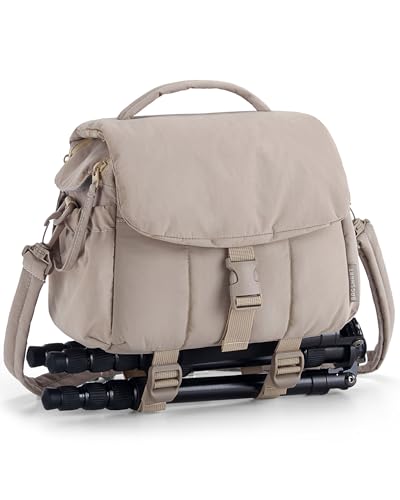 BAGSMART Small Camera Bag, DSLR Camera Case for Camera Lens & Accessories, Ultra-Light Compact Crossbody Camcorder Bags with Rain Cover/Tripod Straps, Camel
