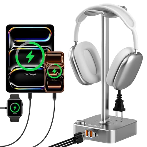 Headphone Stand with PD Fast Charger & QC3.0,Gaming Headset Holder with 3 USB Ports 2 AC Outlets for Desk,Cool Gamer Gifts for Men,Boyfriend,Teen Boys,Friends – Perfect Gaming Accessories & Room Setup - color: Gray 3.0 & PD