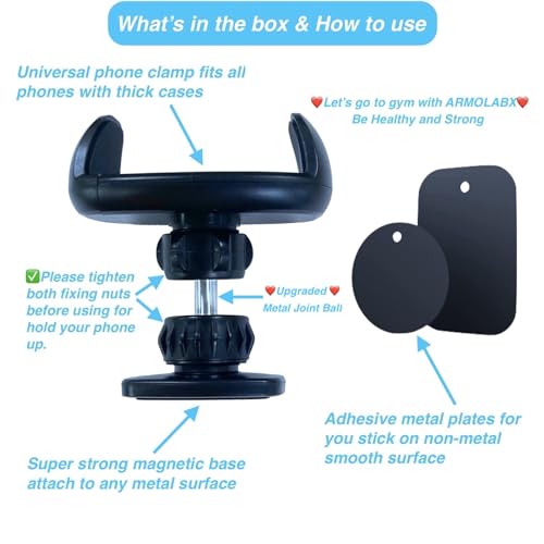 Gym Magnetic Phone Holder Mount Attach to Metal Surface, [Big Phones & Thick Cases Friendly] Magnetic Phone Holder for Gym Workout Record Compatible with All Smartphones