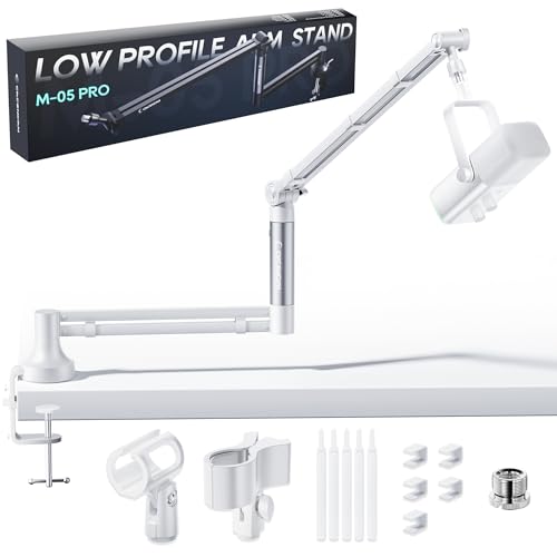 Low Profile Mic Arm, 360° Rotatable Microphone Boom Arm Mic Stand for Fifine AM8 K669B Blue Yeti HyperX shure sm7b SoloCast AT2020, with Mic Clip 3/8" to 5/8", White - color: White (M05 pro)