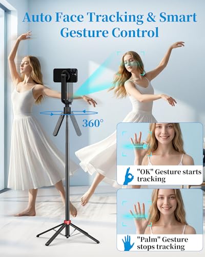 PlusAcc Auto Face Tracking Tripod for iPhone - Extendable Selfie Stick Mount for MagSafe, 360°Rotation Travel Stand with Rechargeable Remote, Compatible with iPhone, Camera, Video Recording - size: 72" Face Tracking
