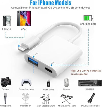 Lightning to USB Camera Adapter for iPhone, USB3 Female OTG Adapter with Charging Port, Plug and Play, Support Card Reader, USB Flash Drives, Keyboard [Apple MFi Certified]