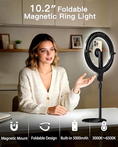 NiceVeedi 10.2” Magnetic Desk Ring Light with Stand, 5000mAh Rechargeable Desktop Ring Light for Phone，3 Color Foldable Selfie Light for Live Stream/Makeup/TikTok/YouTube/Photography/Zoom/Vlogging